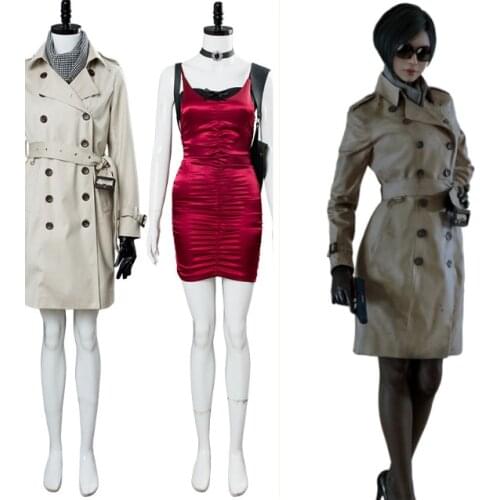 Ada Wong Wang Cosplay Costume Trench Coat + Red Dress Full Set Adult Halloween Carnival Costume Women Girls Custom