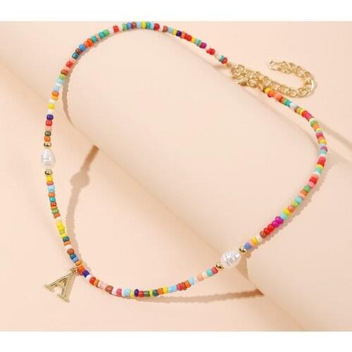 Colorful Beads Chain Collar Necklace for Women Initial Letter A Pendant Choker Necklace Womens Short Neck Chains Summer Jewelry