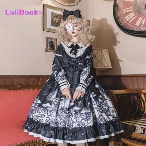 Lolibook Gothic Lolita Dark Color loli Autumn Winter daily Lolita High Waist Kawaii Girl Cos Long Sleeve Dress Women
