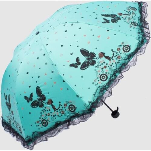 Butterfly flying lace edge black coating sunscreen umbrella three folding umbrella women umbrella windproof strong umbrella