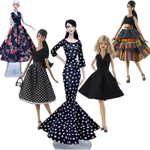 1/6 BJD Dolls Accessories Classic Black Longsleeve Dotted Polka Dress For Barbie Clothes Princess Fishtail Party Gown Kids Toy