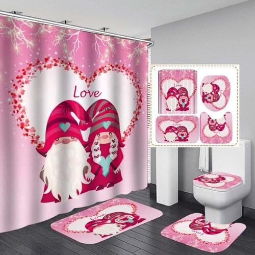 Love Wedding Shower Curtains 4pcs Sets Fabric 3D Pink Santa Claus Hooks Bathroom Curtain Toilet Decor Bath Mats Rugs Carpets
