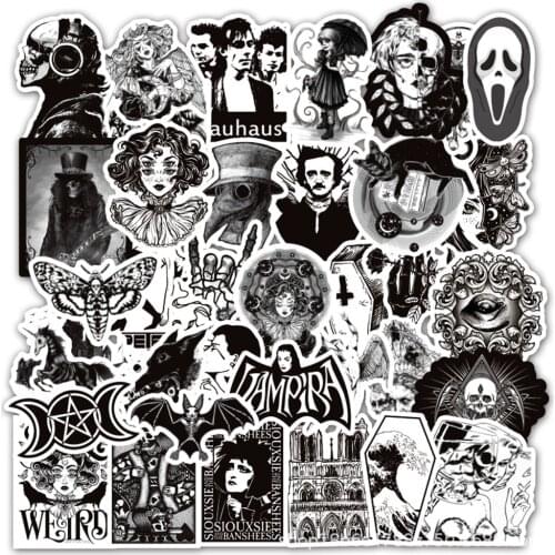 50PCS Black and White Punk Style Gothic Graffiti Trolley Scooter Refrigerator Water Cup Waterproof Sticker Wholesale