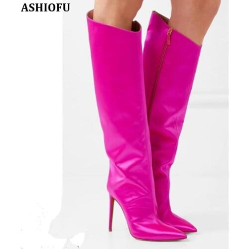 ASHIOFU Handmade New Ladies Knee High Boots Party Prom Dress Boots Sexy Club Fashion Evening Booties Shoes