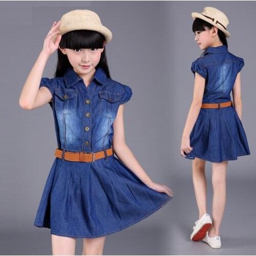 4 5 6 7 8 9 10 11 12 Years Old Children Kids Denim Cowboy Dress For Teens Girls A-Line Pleated Dress Vestidos Clothes New 2021