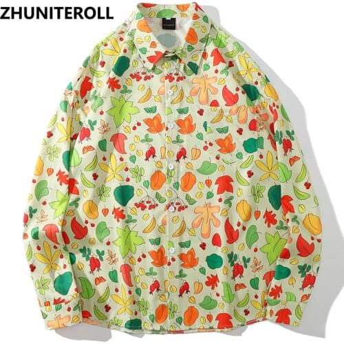 Longsleeve Aloha Shirt Leaf Print Fashion 2021 Harajuku Men Hawaiian Shirt Hip Hop Button Beach Shirt Summer Streetwear Clothing