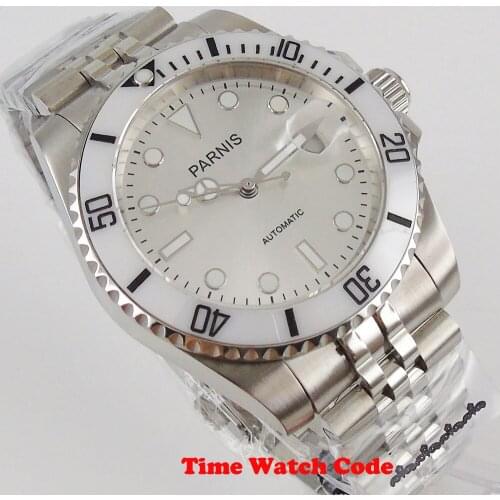 PARNIS 40mm Automatic Mens Wristwatch Silver Dial SUB Sapphire glass Jubilee bracelet Date window luminous hands magniifer