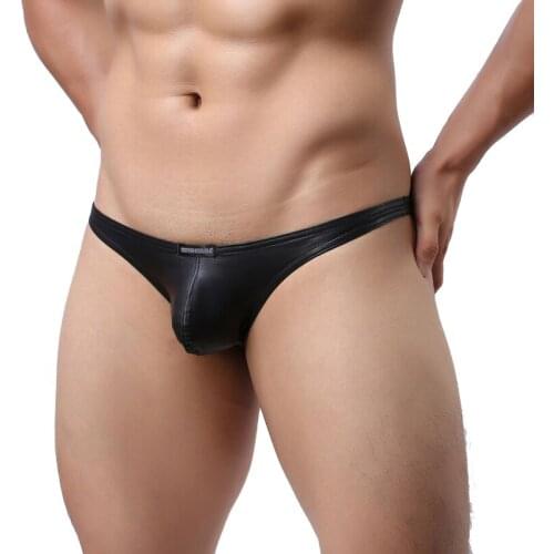 Mens Briefs Sexy Underwear PU Leather Underpants T-back Thongs Bulge Pouch Exotic Jockstrap Male Sissy Panties Bikini Lingerie