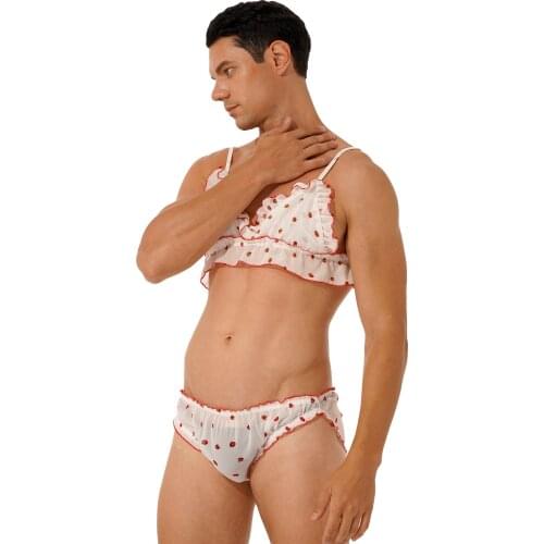 Mens Ruffled Set Sissy Lingerie Suit Adjustable Straps Bra with Elastic Waistband Underwear Strawberry Flower Print Nightwear