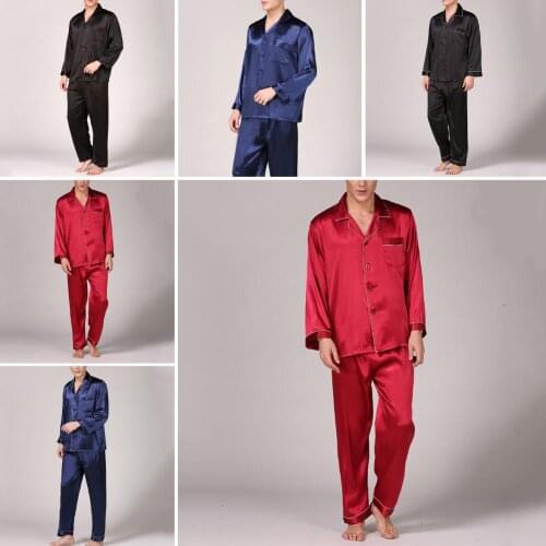 Men Summer Imitation Silk Pajama Set Shirt Pants Home Gown Sleepwear Nightwear Male Nightgown