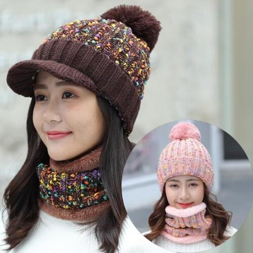 New Winter Beanies Women Scarf Knitted Hat Caps Mask Gorras Bonnet Colorful Warm Wool Caps With Big Ball Skullies Beanie Caps