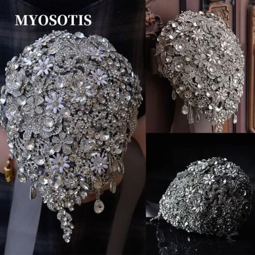 Luxurious Gray Waterfall Flower Wedding Bouquets De Fleur Mariage Crystals Beaded Flowers Rhinestone Bridal Hand Bouquet