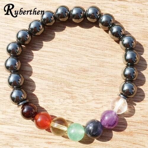 Ruberthen New Design 7 Chakra Hematite Bracelet Healing Aura Cleansing Bracelet Wrist Mala Calm Yoga Bracelet Drop Shipping