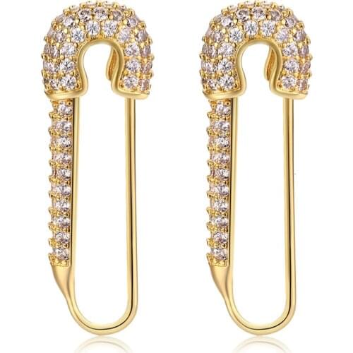 Gold Safety 925silver color Pin Earring Black CZ Stone Zircon Stud Earring For Women Charm Jewelry