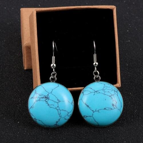 Fashion BOHO Natural Stone Dangle Earring For Women 2.5cm Big Round Statement Turquoises Lapis Lazuli Crystal Bead Drop Earrings
