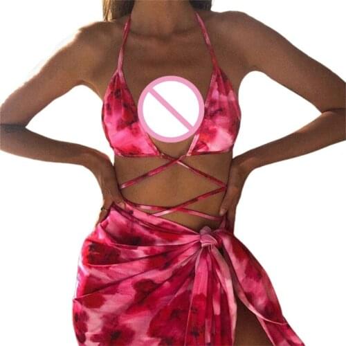 Sexy 3pcs Swimsuit Set Women Tie-Dye Floral Print Strappy Bikini with Sarong