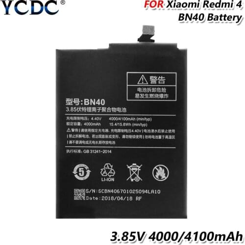 YCDC 3.85V bn40 STANDARD ORIGINAL BN40 BATTERY FOR XIAOMI REDMI 4 PRO 4100MAH LARGE CAPACITY BN-40 Lithium battery Rechargeable