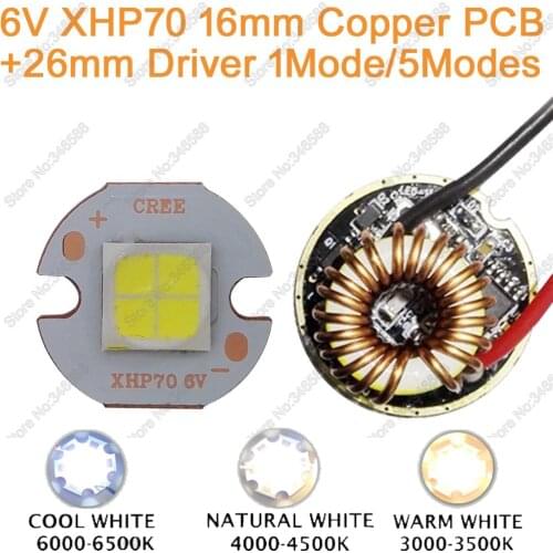 Cree XHP70 Cool White Neutral White Warm White High Power LED Emitter Diode 6V 16mm Copper PCB + 26mm 1 Mode or 5 Modes Driver