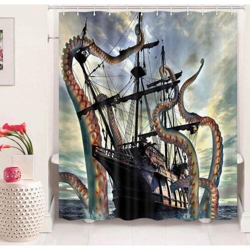 Octopus ocean theme, marine life, giant sea monsters, sailing boat, shower curtain, windproof, bathroom layout, home decoration