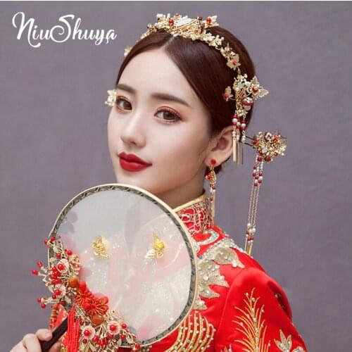 NiuShuya Chinese Traditional Gold Bridal Headdress Beaded Ancient Butterfly Hairpin Long Tassel Wedding Jewelry Hair Accessories