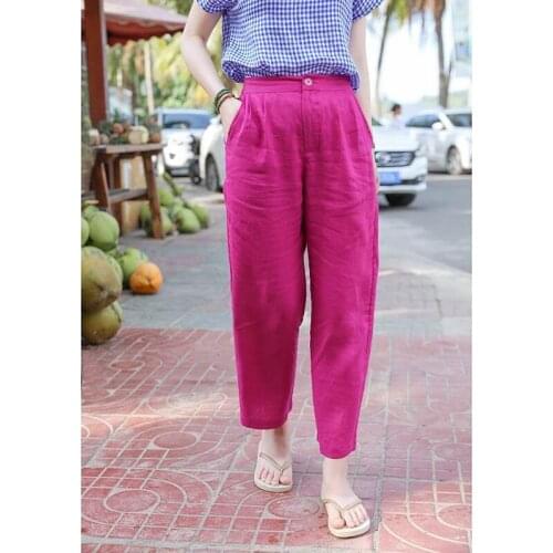 2021 Summer New Arts Style Women Loose Casual Solid Cotton Linen Pants Elastic Waist Ankle-length Harem Pants Femme V119
