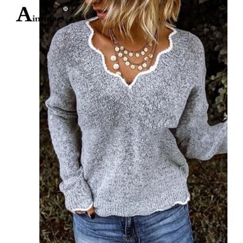 Plus Size 3XL Womens Sweaters Sexy V-neck Tops Streetwear 2020 Casual Long-sleeved Autumn New Femme knitting Sweater Pullovers