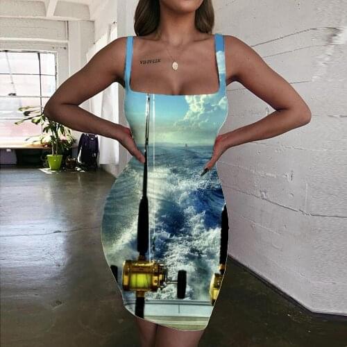 Giyu Brand Fish Dresses Women Tracksuits Ladies Dresses Wave Sundress Fisherman Halter Sleeveless Fishing Bodycon Dress