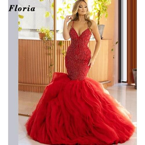 Plus Size Red Mermaid Evening Dress With Beaded Customized Middle East Straps Prom Dresses For Weddings Formal Celebrity Dresses