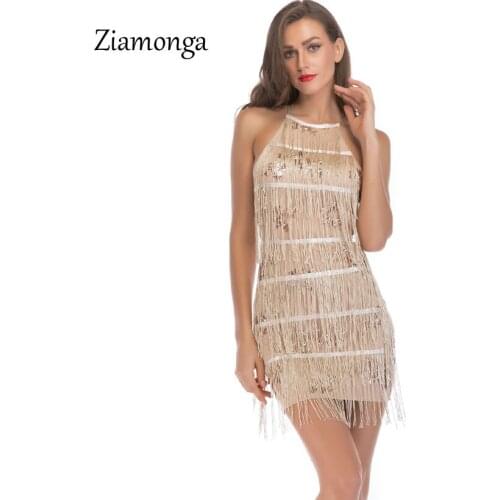 Ziamonga Tassel O-Neck Sexy Dress Women Halter Strap Sleeveless Summer Evening Party Dresses Elegant Night Club Mini Vestidos