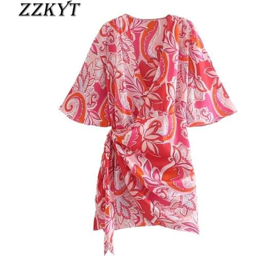 ZZKYT 2021 Women Summer Fashion Floral Print Mini Dress Vintage V-Neck Short Sleeve Female Party Casual Dresses Vestidos Mujer
