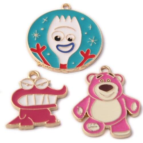 10pcs Cartoon Strawberry Bear Forky dinosaur Enamel Charms Jewelry Findings Accessories Gold Base Metal DIY Bracelet Keychain