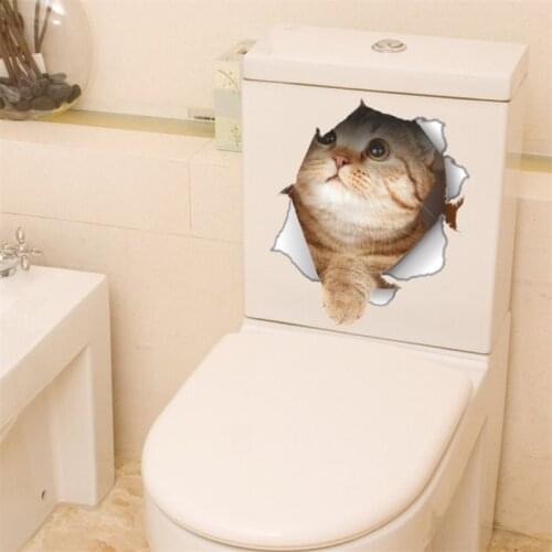 3D Hole Cat Dog Animal Toilet Stickers Home Decoration DIY Wc Washroom Pvc Posters Kitten Puppy Cartoon Wall Art Decals