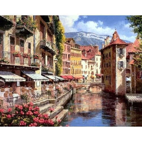Free shipping mediterranean waterside garden venice house scenery oil painting canvas printings on canvas decoration picture