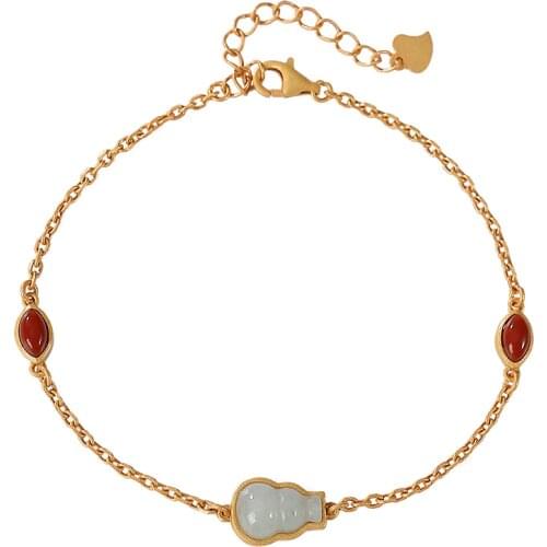 S925 sterling silver gold plated natural emerald bracelet vintage elegant gourd Fu Lu ladies bracelet