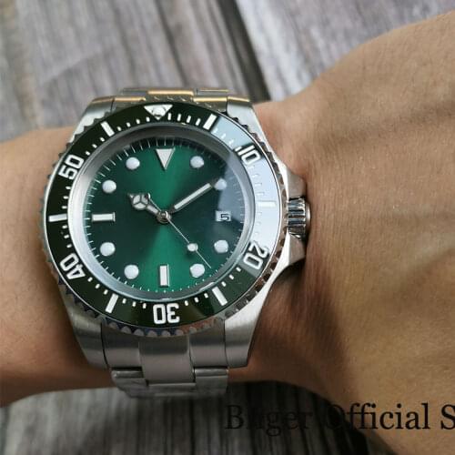 BLIGER Big Sunburst Green 44mm Mechanical Men Watch Brushed Oyster Strap Screw Crown Ceramic Insert Sterile Deployment Clasp