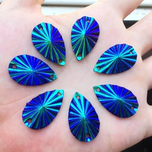 DIY 20pcs 16*28mm AB resin Rhinestone crystal Drop sew on rsilver base flatback Rhinestone with 2 holes strass buttons -B147