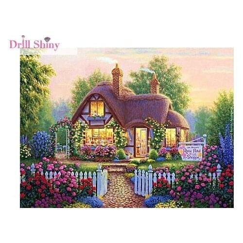 Diy 5D Diamond Painting Scenic Garden House 3D Cross Stitch Kit Full Rhinestone Ribbon Embroidery Landscape Crafts Home Decor