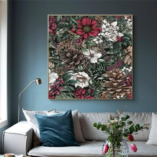 European Vintage Flower Leaves Canvas Painting Green Plants Wall Art Poster Print Pictures for Aisle Living Room Home Decor