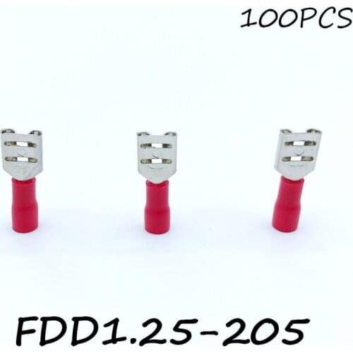 Insulated Female Disconnector FDD1.25-205 100PCS/Pack Red Spade Quick Electrical Connector Crimp Wire Terminal AWG Terminator