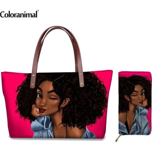 Coloranimal Black Art Afro Lady Girls Print Women 2pcs Set Handbag & Leather PU Purse Ladies Hand Bag Teen Girl Sac A Main Femme