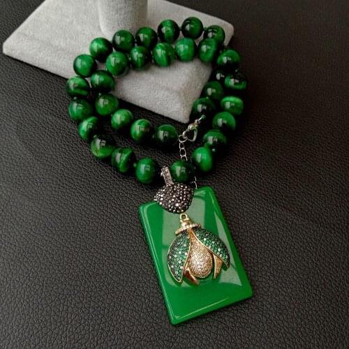 YYGEM 2mm Green Tiger Eye round Necklace Rectangle Green stone Cubic Zirconia micro pave insect gold plated Pendant necklace