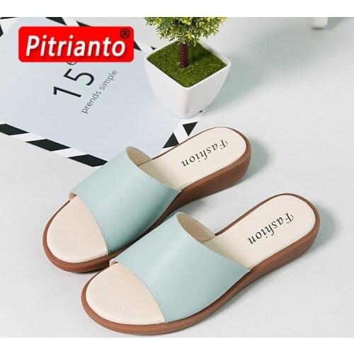 Summer Fashion Flats Non-slip Comfortable Genuine Leather Slippers Women Indoor Shoes Solid Color Women Beach Slippers