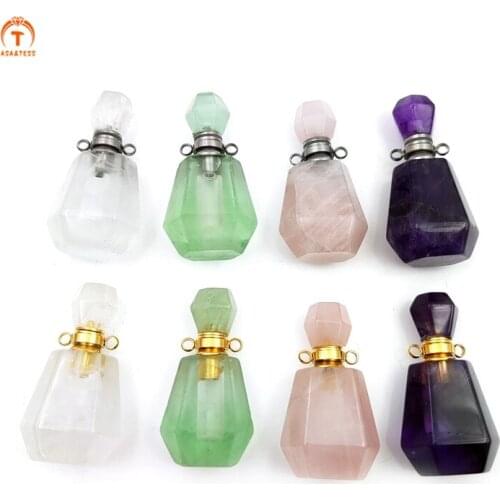 Natural Stone Perfume Bottle Pendant Amethyst Clear Crystal Essential Oil Diffuser Stone Gold Silver Jewelry Chakra For Necklace