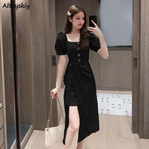 Dresses Women Single Breasted Square Collar Feminine Gentle Split Sexy Slim High Waist New Designers Simple Ulzzang Mujer Summe