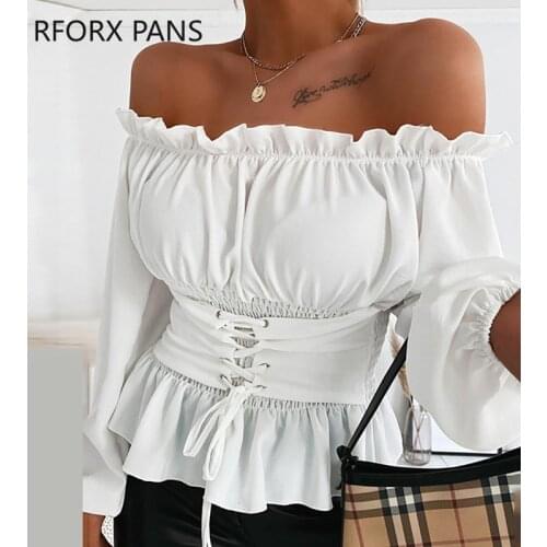 Off Shoulder Lace-up Front Ruffles Casual Blouse Plus Size Tops Spring Tops and Blouses