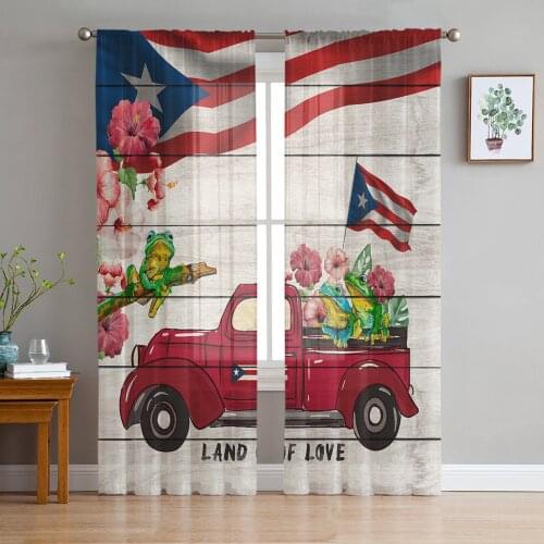 Puerto Rico Truck Flag Hibiscus Frog Sheer Curtains for Living Room Modern Voile Curtain Bedroom Tulle Curtains Window Drapes