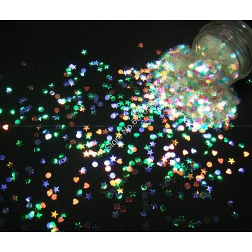Mix Size White Glitter Round Heart Star Shape with Colorful Purple Gold Green Light Tint for Nail Glitter Craft Art Decoration