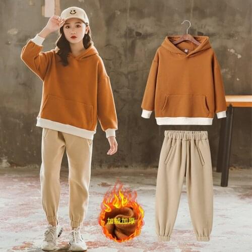 New Sport Spring Winter Girls Two Pieces Casual Sets Hooded Tracksuit Thicken Children School Suits Kids Teenage High Quality