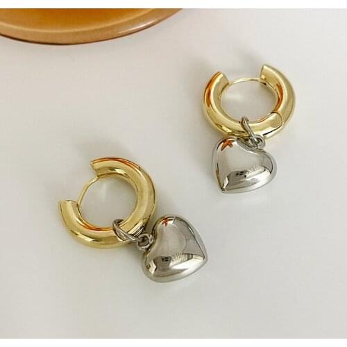 Minar Stylish Metallic Love Pendant Earrings for Women Brass Gold Hooks Heart Statement Dangle Earrings Minimalist Pendientes