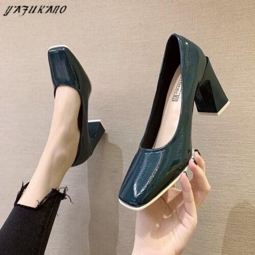 Retro Square Toe Hoof High Heels Korean Fashion Square Heel Women Pumps Sexy Patent Leather Shallow Mouth Party Shoes Work Shoes